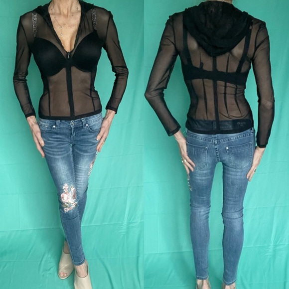 Mark Wong Nark sheer hooded 1/2 zip front top - Picture 1 of 16